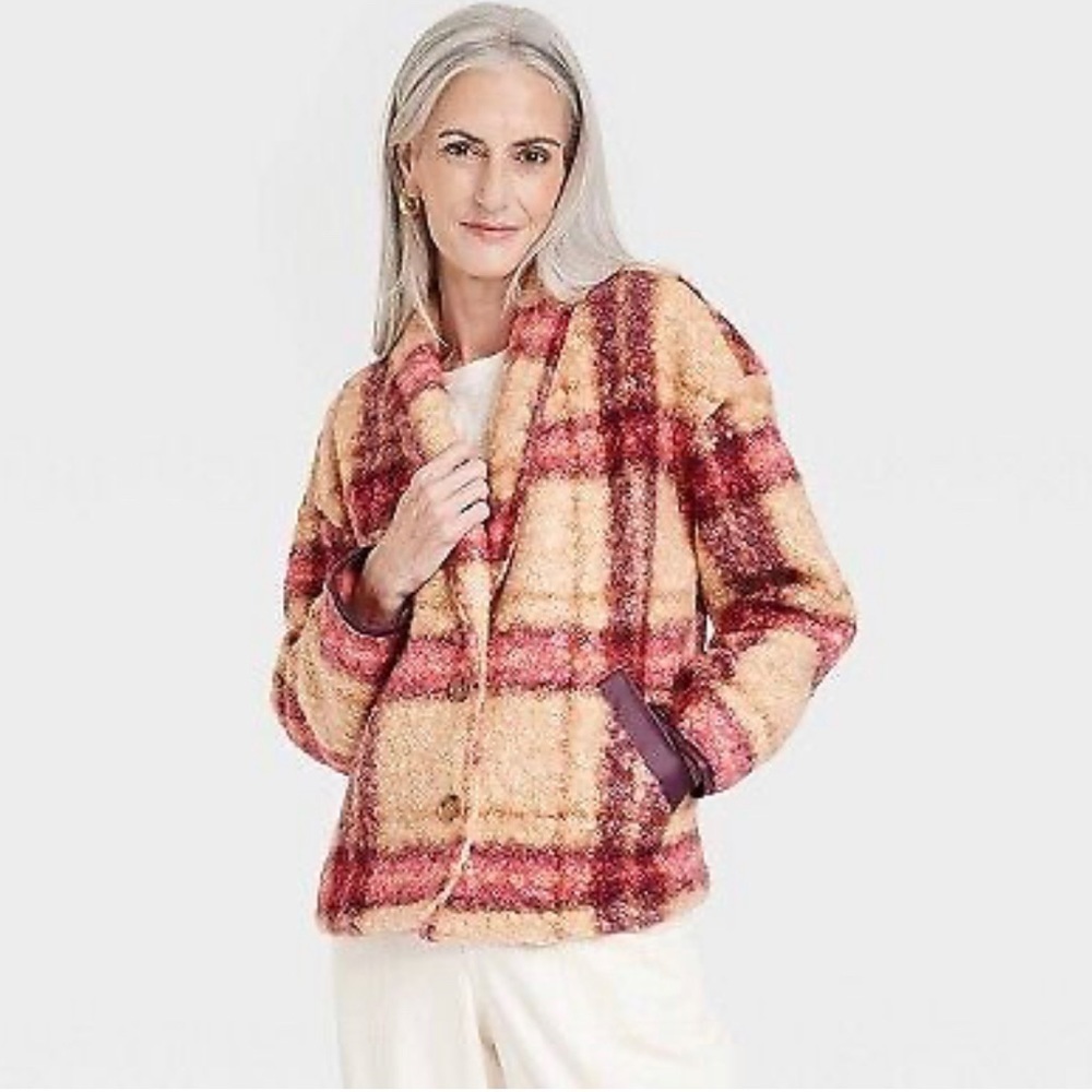 Knox Rose Sherpa Blazer Size Medium Plaid Colorful Jacket Fuzzy